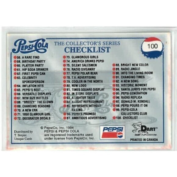 PEPSI-COLA SERIES 1 (Dart 1994) COMPLETE 100-CARD TRADING CARD SET - Picture 12 of 13